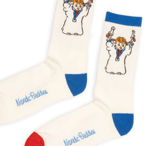2. Close-up of men's Pippi Longstocking socks by NordicBuddies, highlighting character design and brand logo