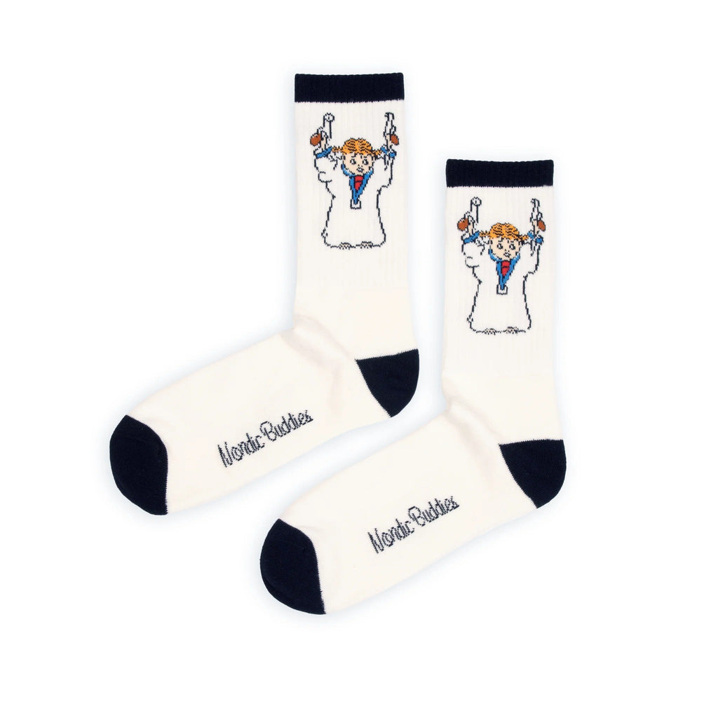 2. Studio image of men's Pippi Longstocking retro socks by NordicBuddies, showcasing classic white color and playful design