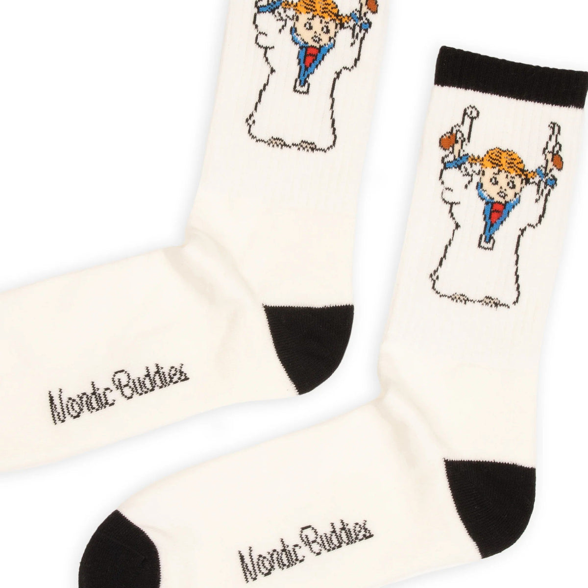 3. Close-up of men's Pippi Longstocking retro socks by NordicBuddies, highlighting detailed design and NordicBuddies branding