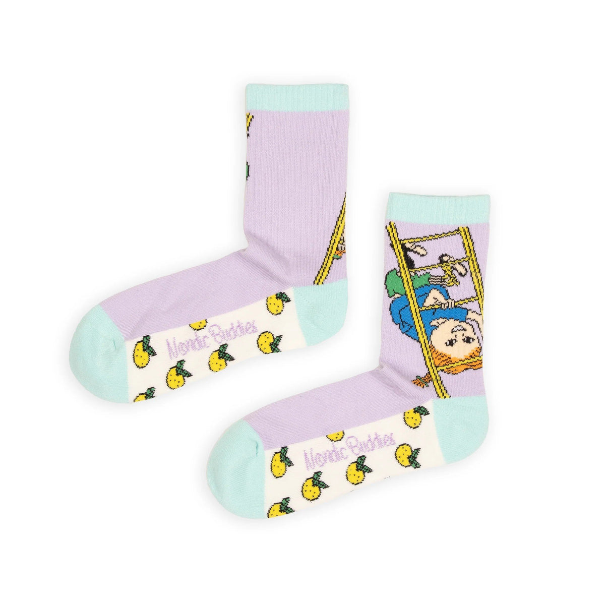3. Flat lay of women's Pippi Longstocking panel socks by NordicBuddies, highlighting vibrant multicolor design and logo