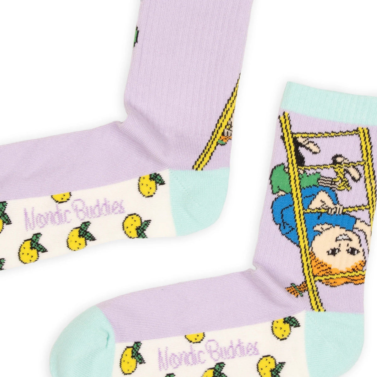 2. Close-up of women's Pippi Longstocking panel socks by NordicBuddies, featuring playful multicolor design and branding
