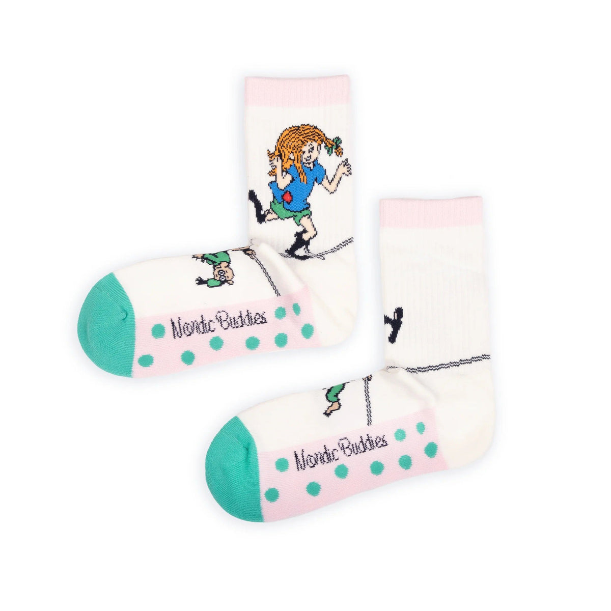 1. Women's Pippi Longstocking white panel socks by NordicBuddies, featuring vibrant multicolor design, shown in studio setting