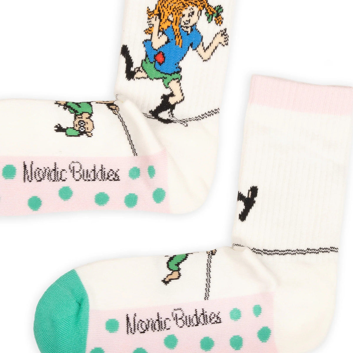2. Close-up of women's Pippi Longstocking white panel socks by NordicBuddies, highlighting colorful design and branding