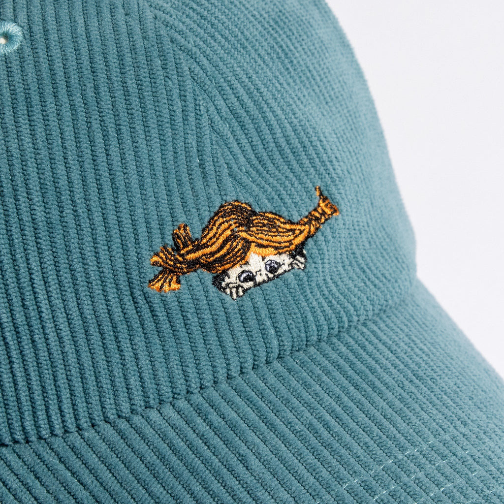 3. Close-up of Pippi embroidery on petrol corduroy fabric of Moomin Dad Cap