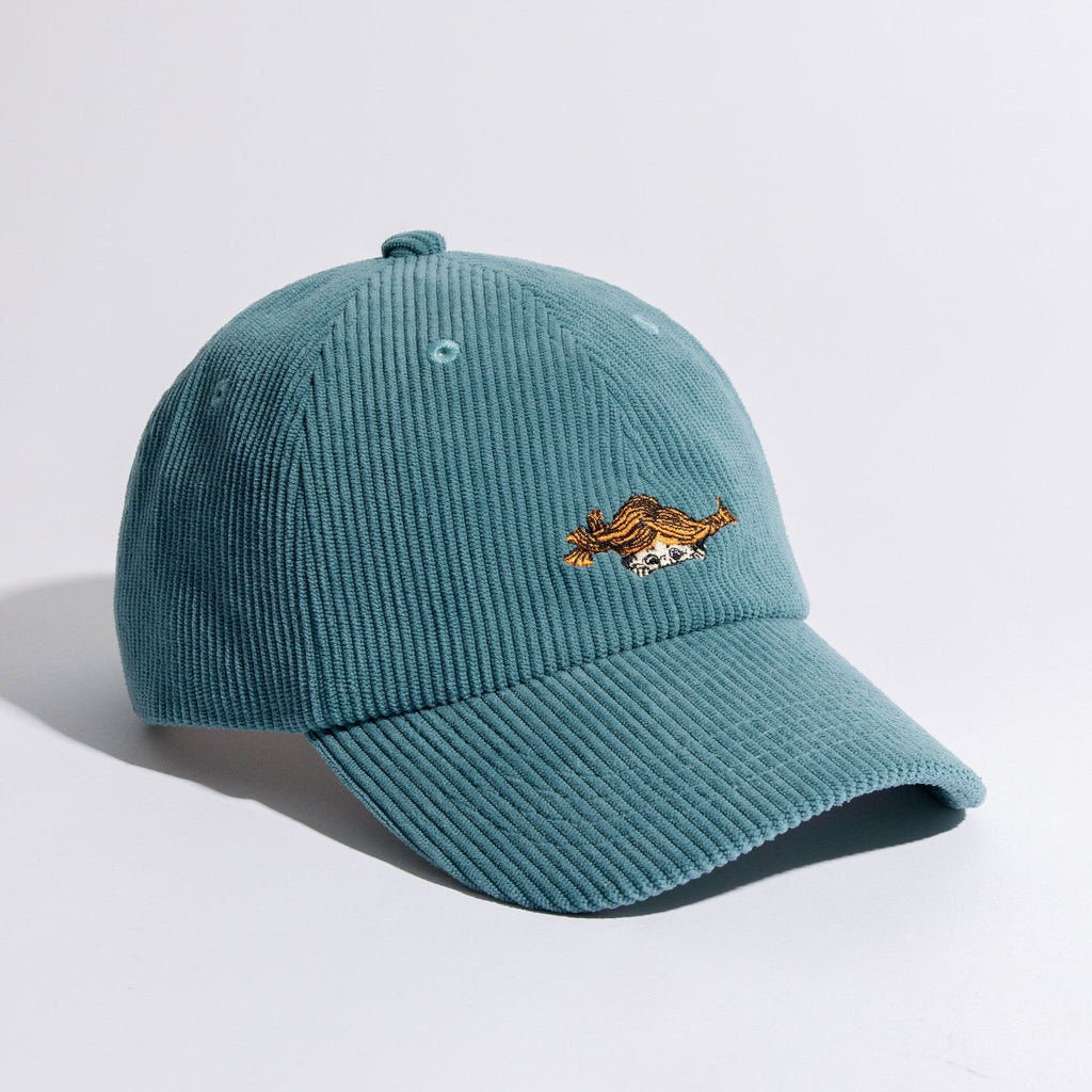 5. Studio shot of Pippi Corduroy Dad Cap in petrol by Moomin, highlighting front embroidery