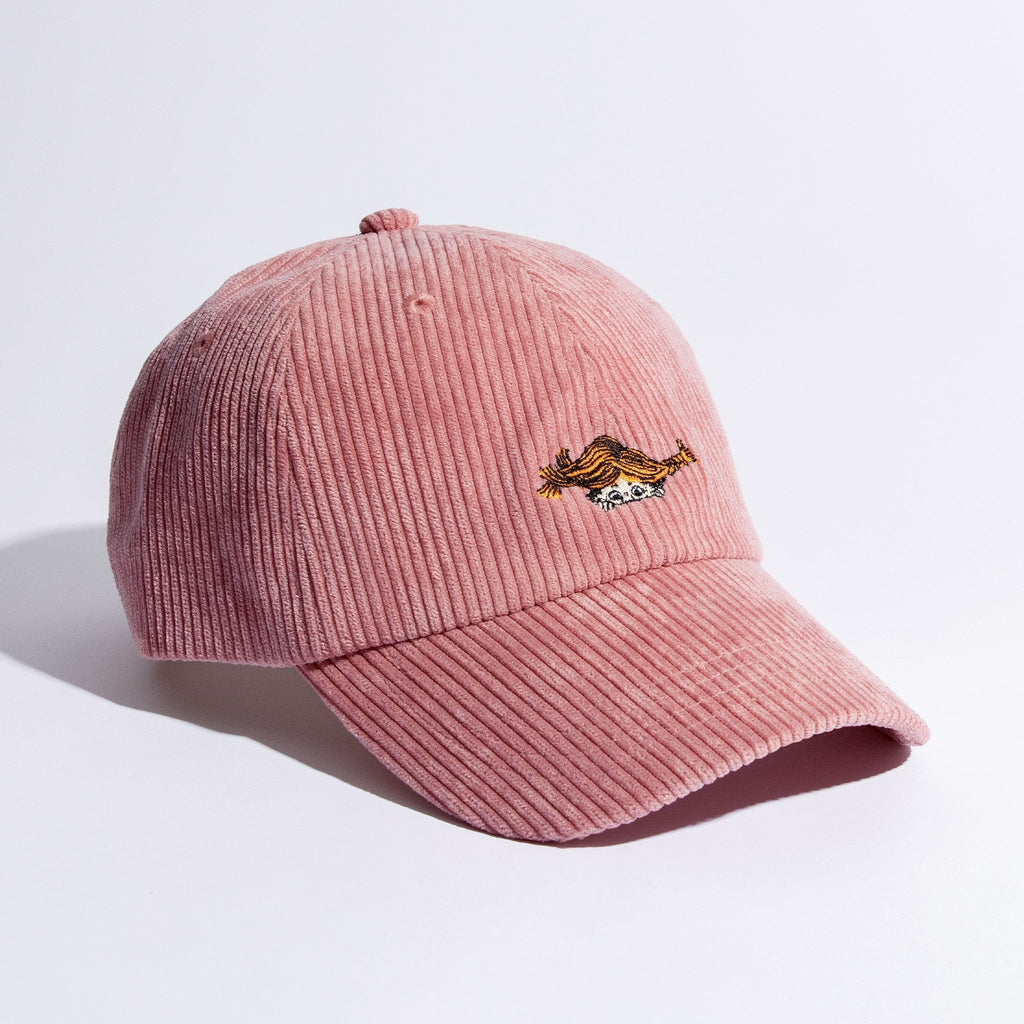 2. Studio shot of pink Pippi Corduroy Dad Cap by Moomin, highlighting front embroidery and texture