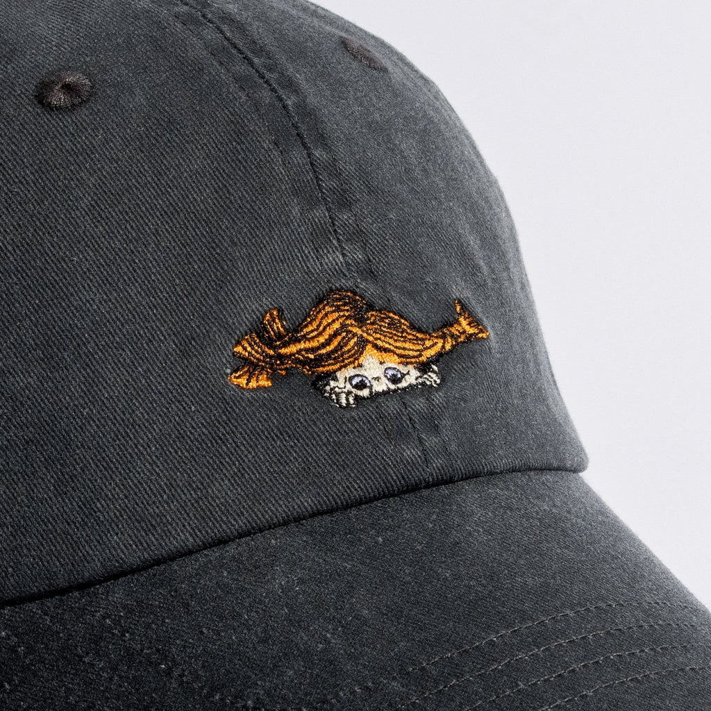 4. Close-up of Pippi embroidery on black denim dad cap by Moomin