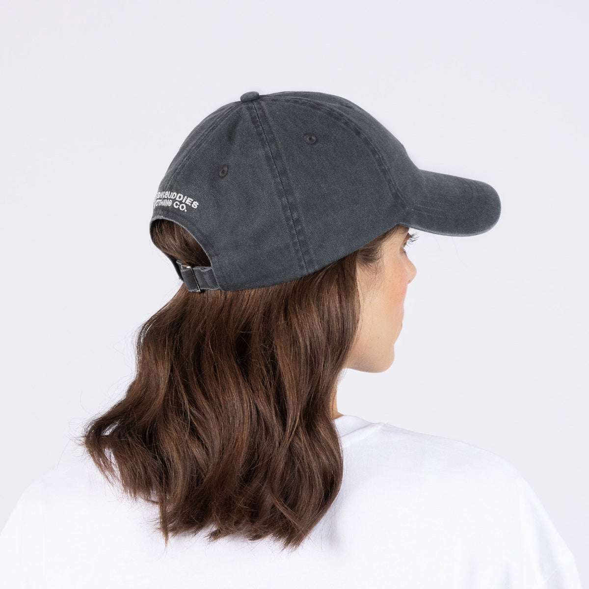 3. Back view of Pippi Denim Dad Cap in black by Moomin, worn by female model