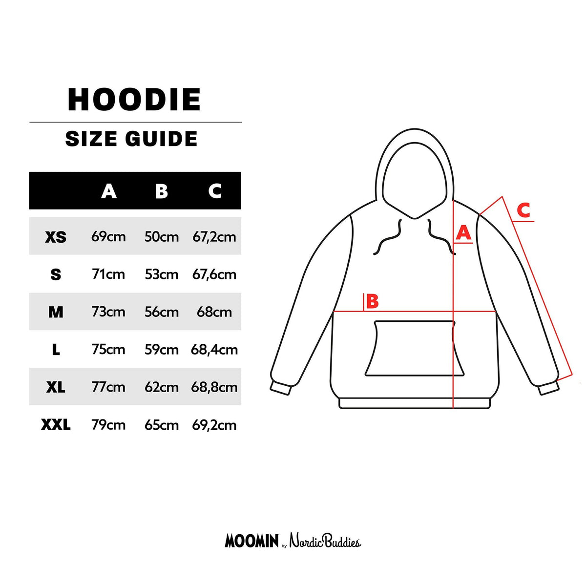 6. Size chart for Pippi Longstocking unisex heavy hoodie, showing measurements for sizes XS to XXL
