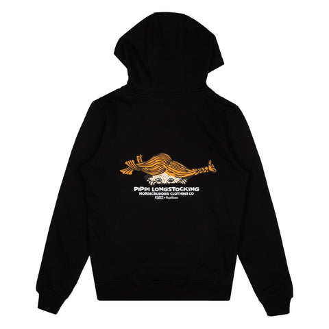 5. Back view of black Pippi Longstocking unisex hoodie by Moomin, featuring graphic design and logo