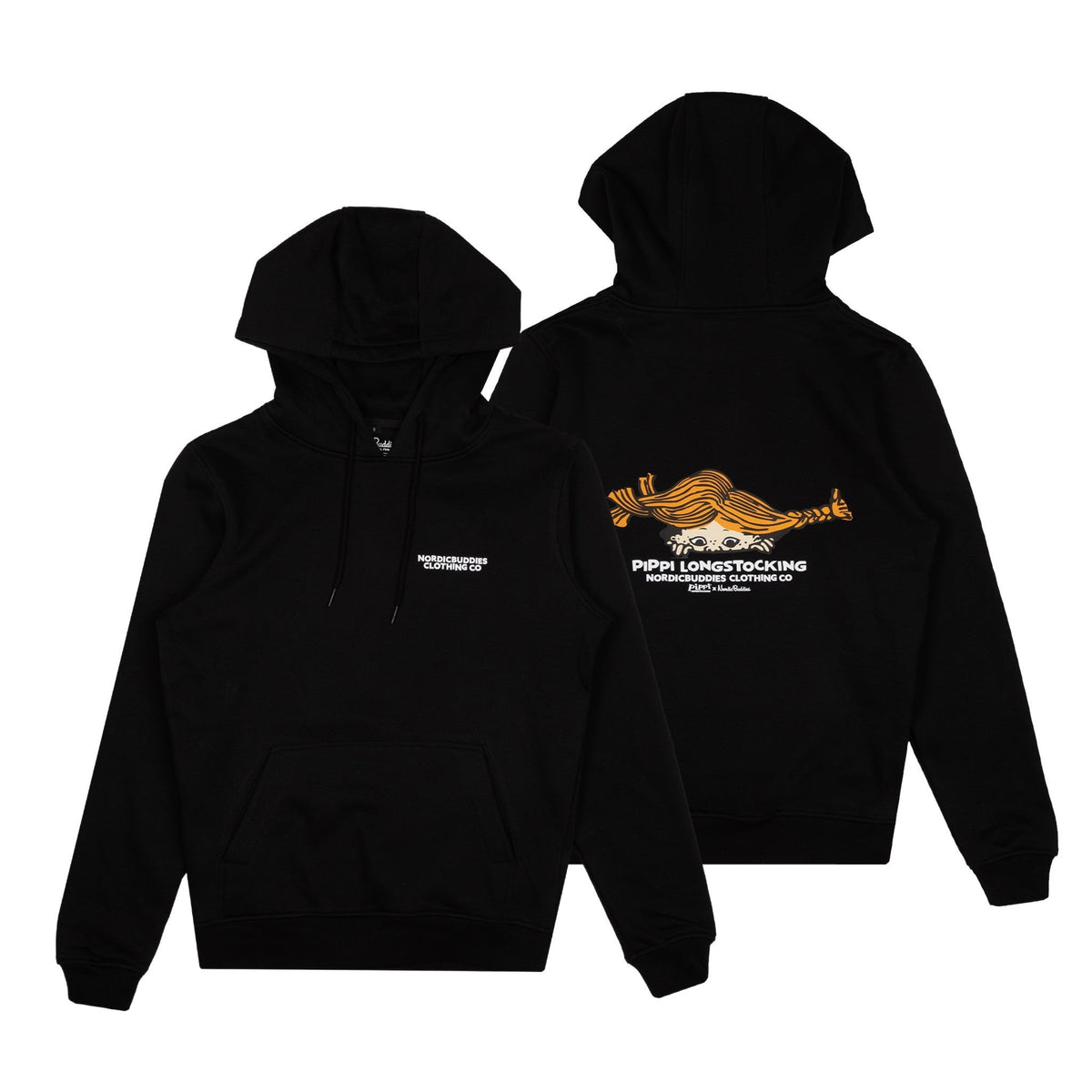 6. Flat lay of black Pippi Longstocking unisex hoodie by Moomin, showing front and back designs