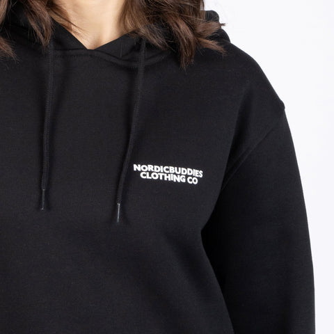 3. Close-up of black Pippi Longstocking hoodie by Moomin, featuring NordicBuddies Clothing Co logo on chest