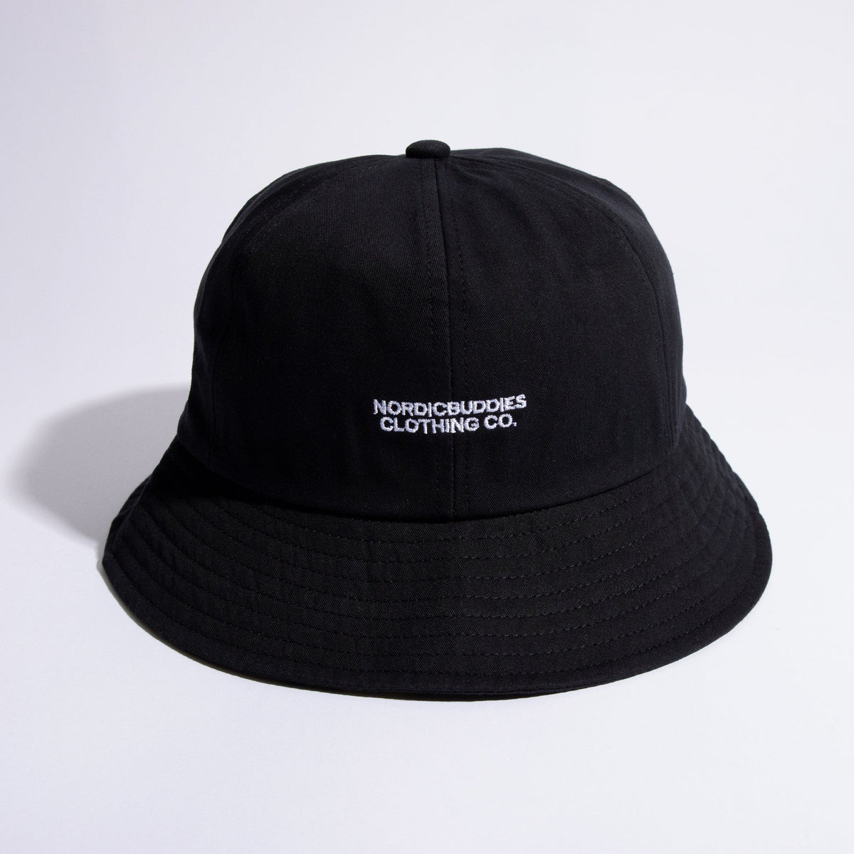 5. Black bucket hat by NordicBuddies with logo, studio shot, rear view