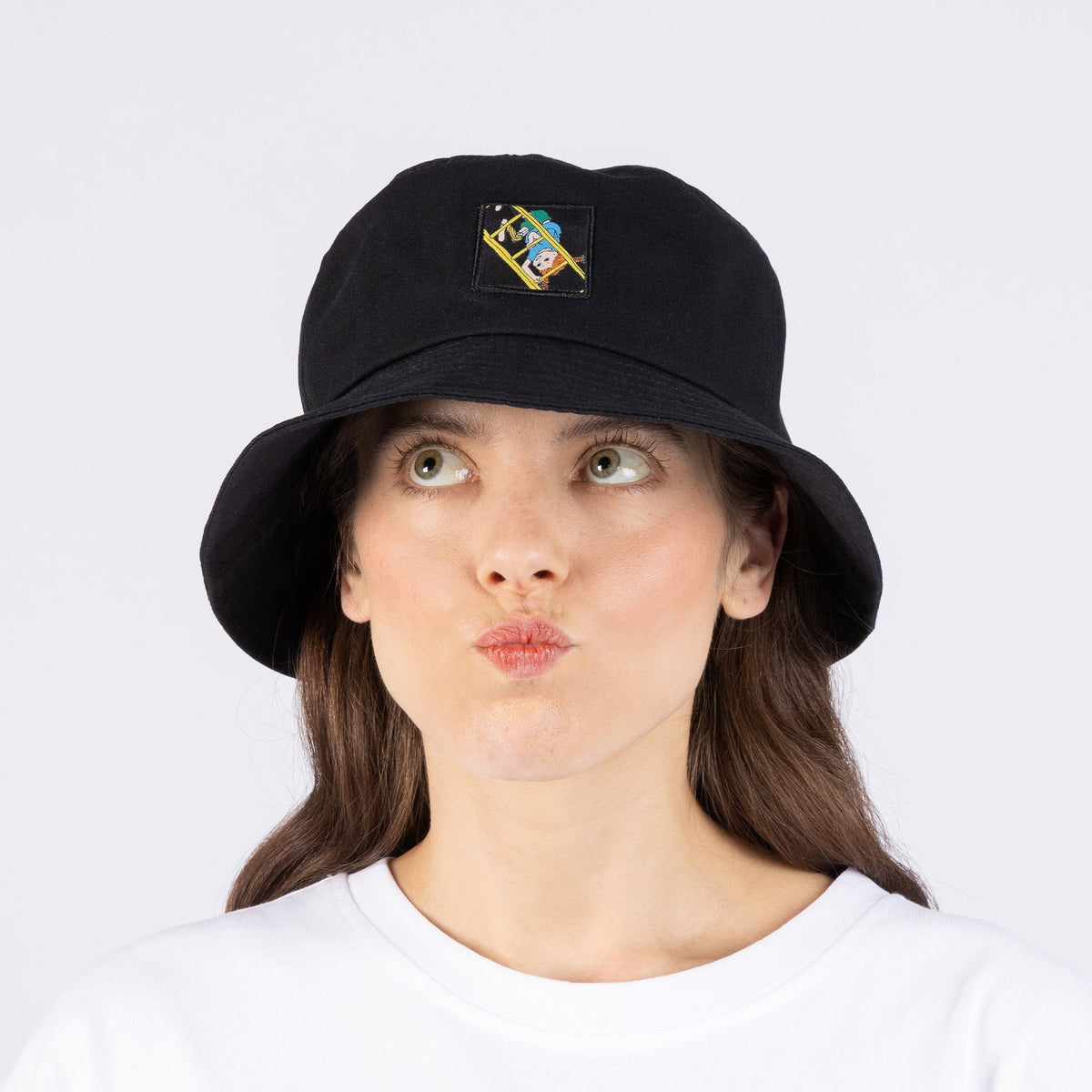 1. Women's black Pippi Longstocking bucket hat by NordicBuddies worn by model, front view
