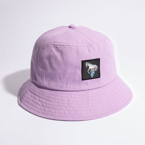 2. Lilac Pippi Longstocking bucket hat with embroidered patch, shown in studio lighting