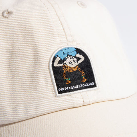 4. Close-up of Pippi Longstocking embroidery on natural white Dad Cap by Moomin