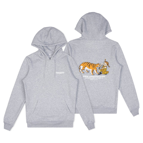 5. Flat lay of Pippi Longstocking unisex heavy hoodie in grey, showing front and back designs