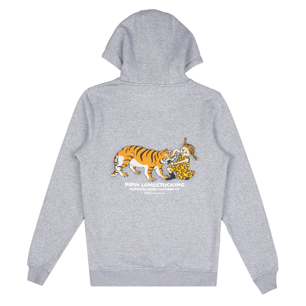 3. Studio shot of Pippi Longstocking unisex heavy hoodie in grey, back view with tiger and Pippi illustration