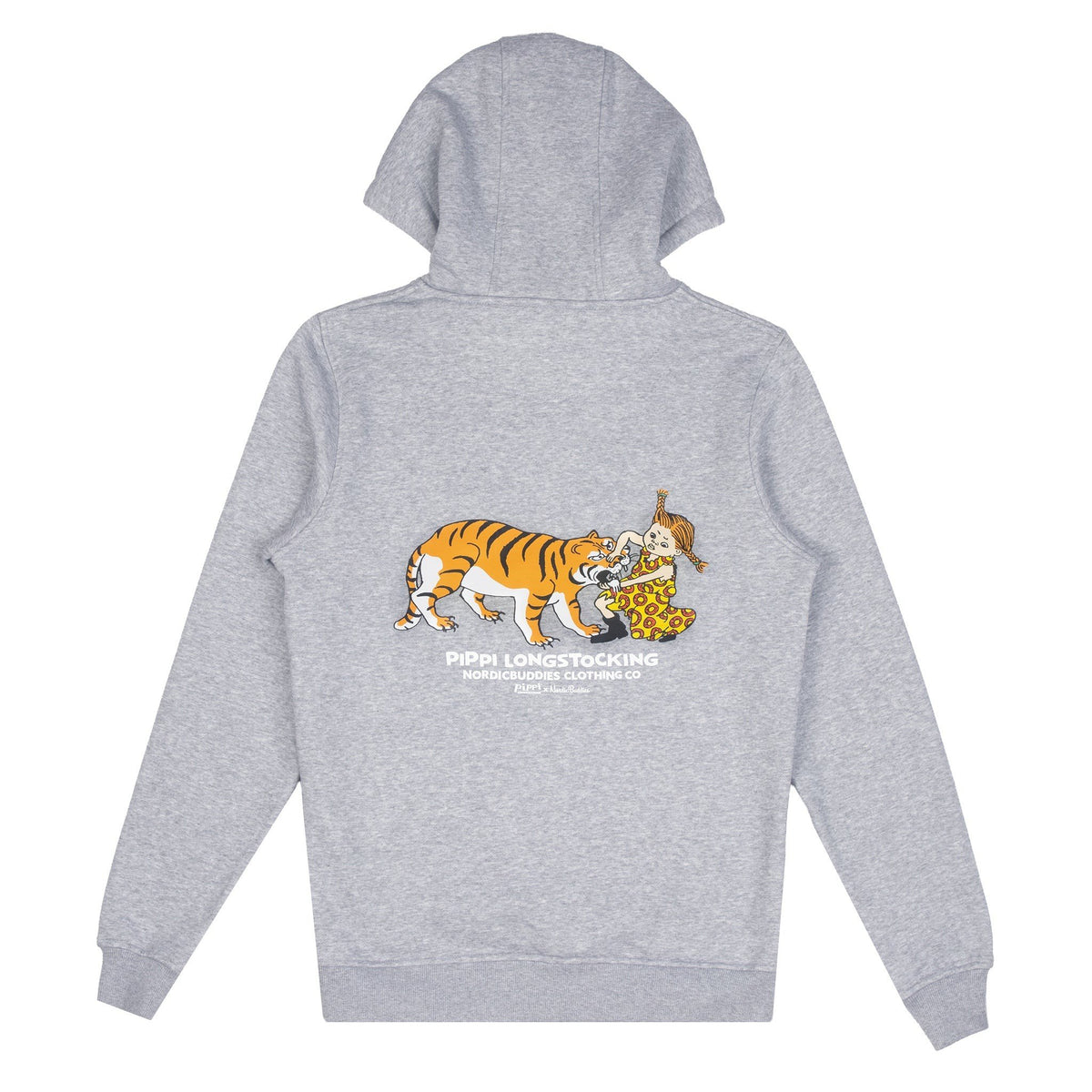 3. Studio shot of Pippi Longstocking unisex heavy hoodie in grey, back view with tiger and Pippi illustration