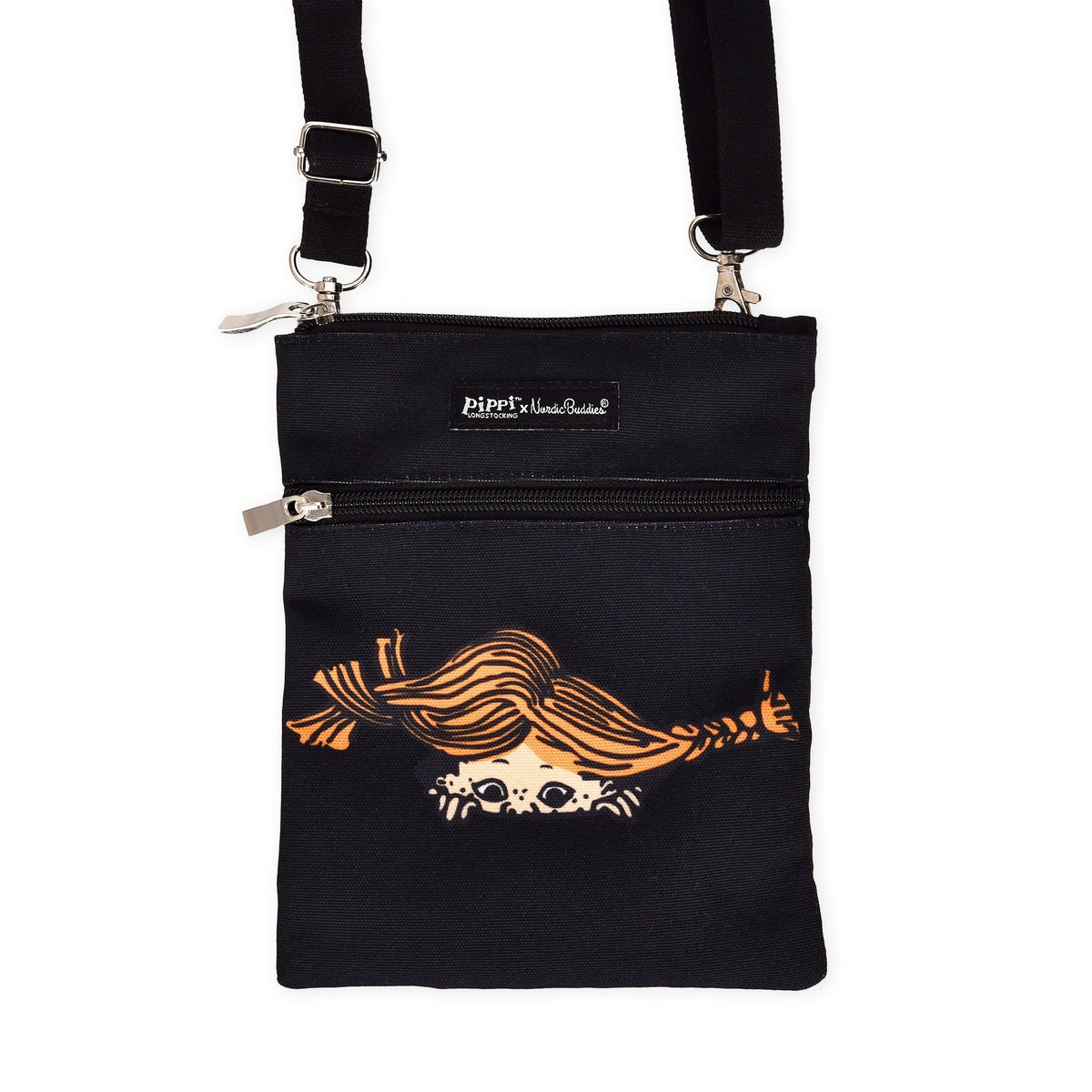 2. Studio image of Pippi Passport Bag in black by Moomin, featuring playful design and zip closure