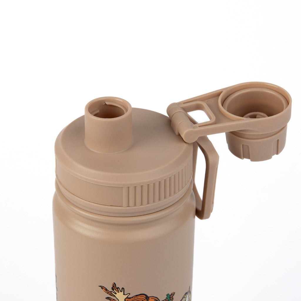 2. Close-up of beige Pippi Thermal Bottle's open lid and spout, highlighting practical design for easy refilling