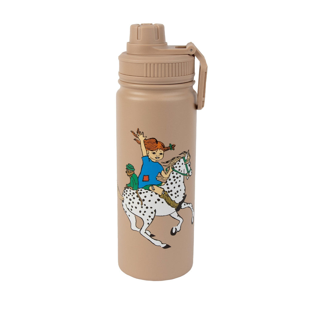 1. Pippi Thermal Everyday Bottle in beige with Pippi Longstocking design, featuring a practical handle and screw cap, by Moomin x NordicBuddies