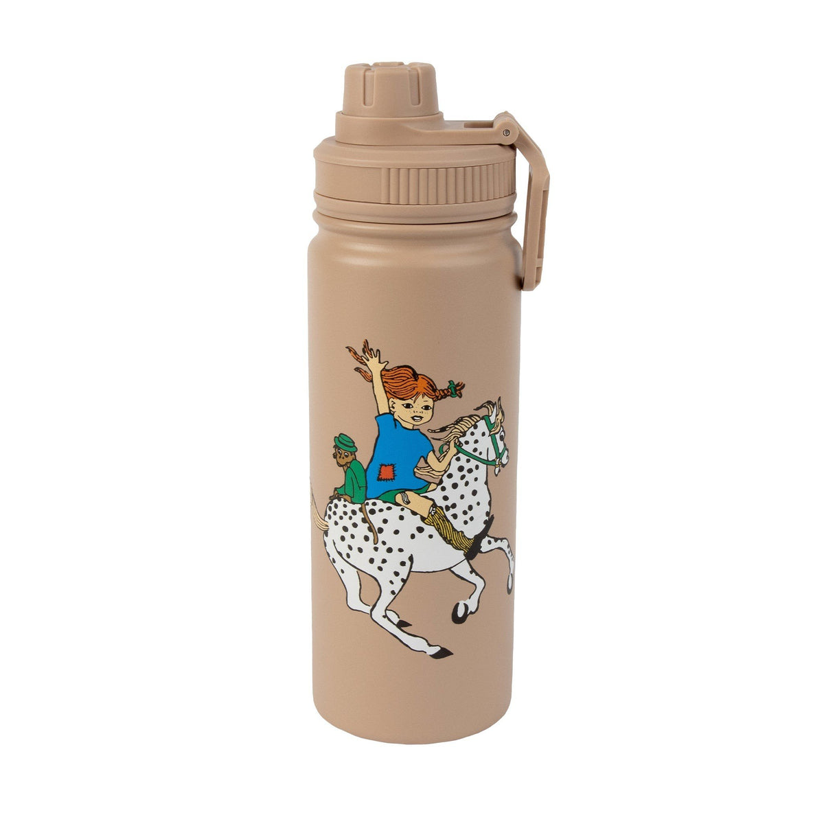1. Pippi Thermal Everyday Bottle in beige with Pippi Longstocking design, featuring a practical handle and screw cap, by Moomin x NordicBuddies