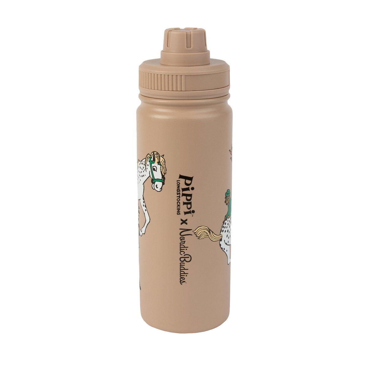 4. Studio shot of beige Pippi Thermal Bottle with Pippi Longstocking and NordicBuddies branding