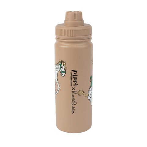4. Studio shot of beige Pippi Thermal Bottle with Pippi Longstocking and NordicBuddies branding