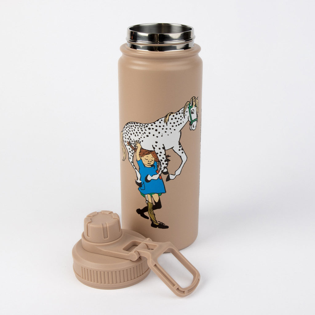 5. Beige Pippi Thermal Bottle with lid removed, showing stainless steel interior and Pippi Longstocking design