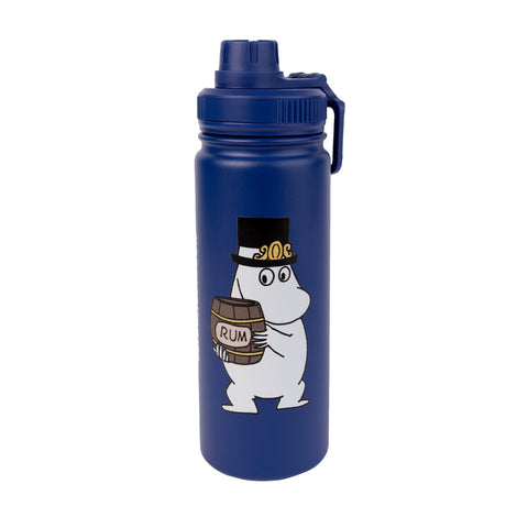 2. Navy Moominpappa thermal bottle with Moomin holding rum barrel design on white background