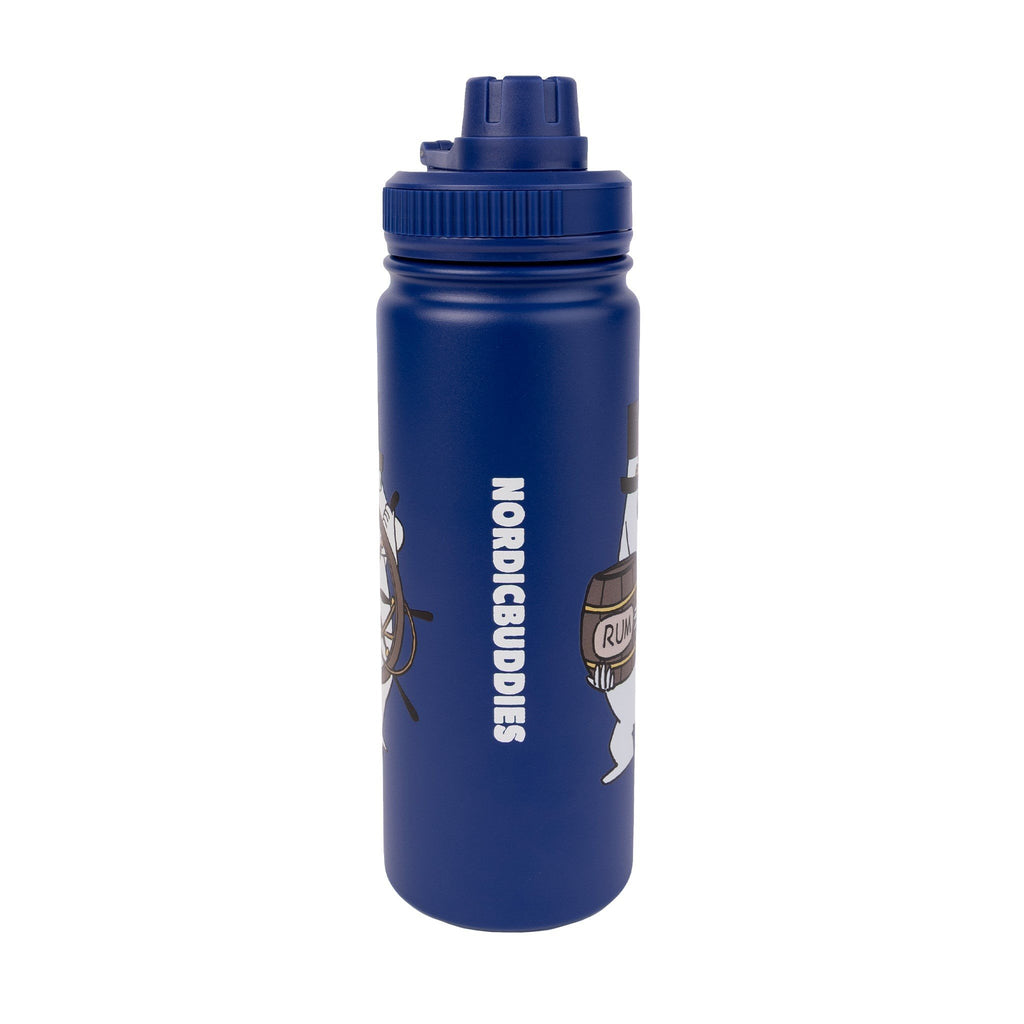2. Side view of navy Moominpappa thermal bottle with NordicBuddies logo and Moomin design