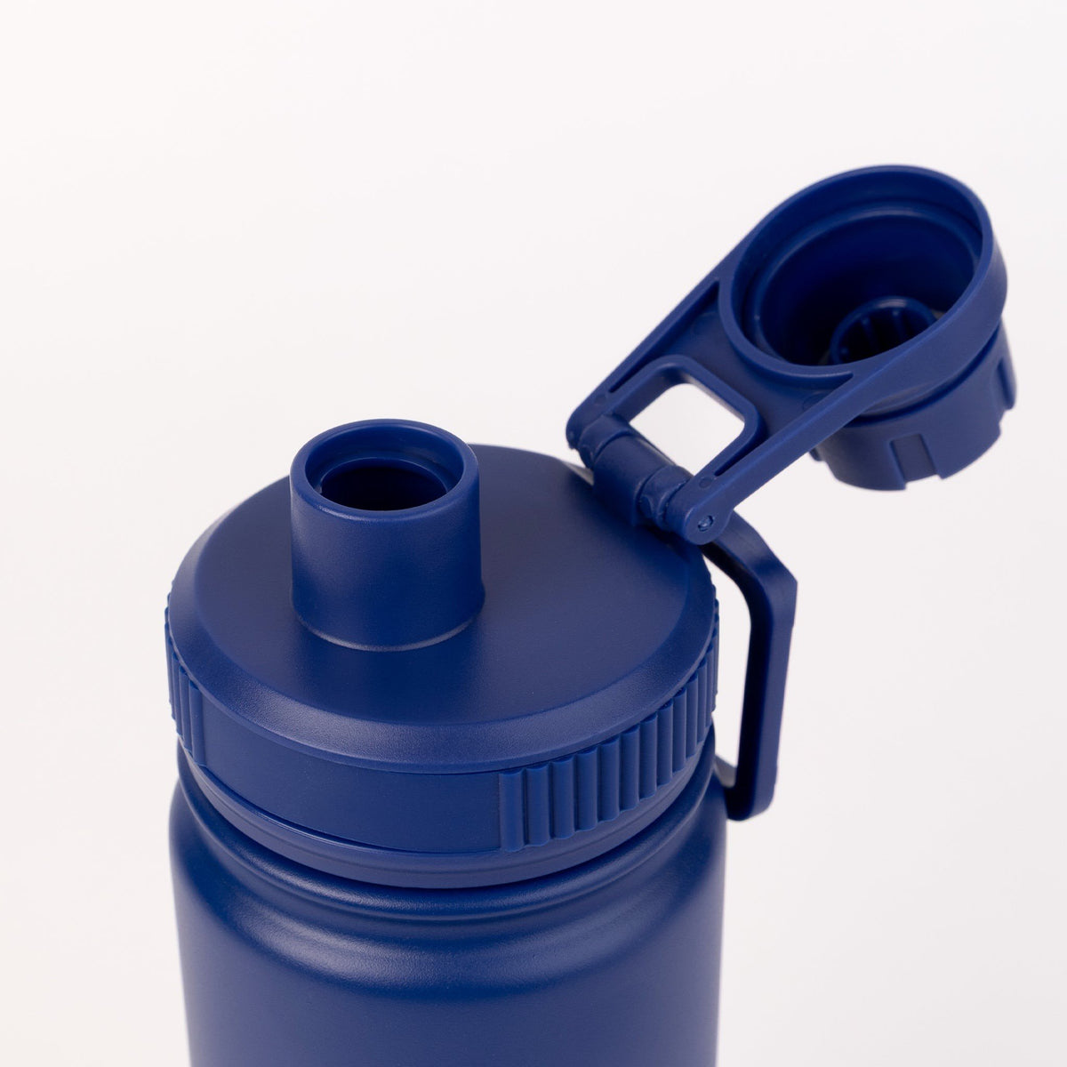 3. Close-up of navy Moominpappa thermal bottle with open drinking spout and handle