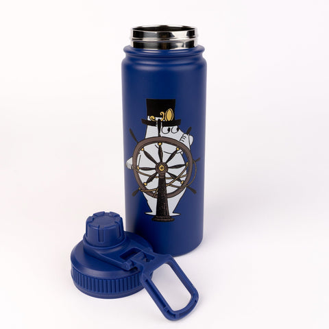 2. Navy Moominpappa thermal bottle with open lid showing stainless steel interior