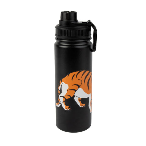 2. Black Pippi Thermal Everyday Bottle with tiger illustration, shown in studio