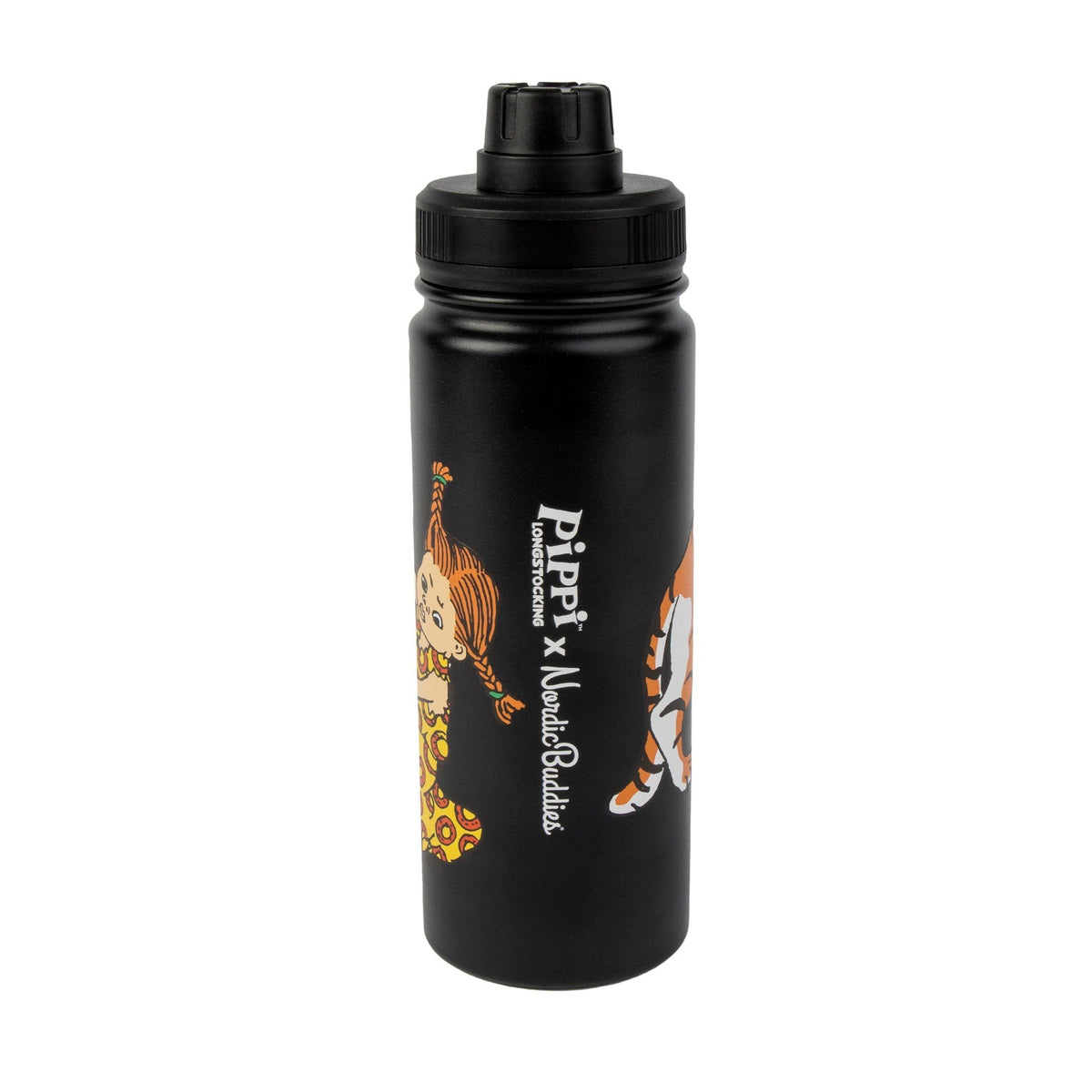 5. Black Pippi Thermal Everyday Bottle with Pippi Longstocking and tiger design, shown in studio