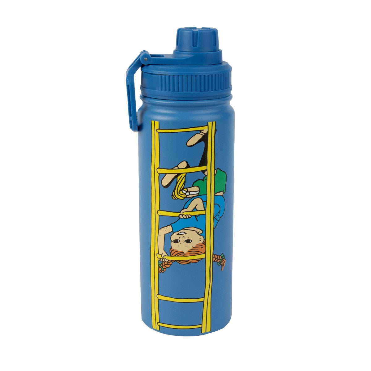 1. Pippi Thermal Everyday Bottle in blue with Pippi Longstocking design, featuring a convenient handle, shown in studio