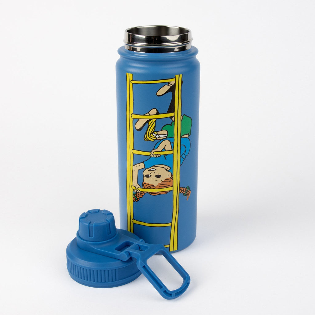 2. Pippi Thermal Everyday Bottle in blue with Pippi Longstocking design, shown with removable lid in studio