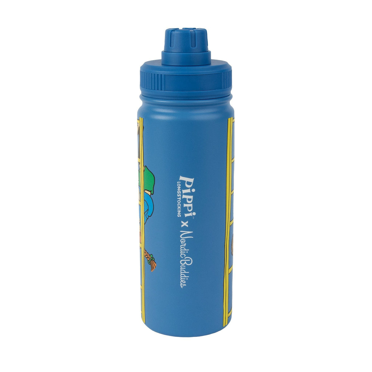 3. Back view of Pippi Thermal Everyday Bottle in blue, featuring Pippi Longstocking and NordicBuddies branding