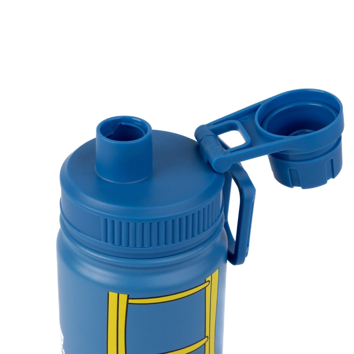 5. Close-up of Pippi Thermal Everyday Bottle in blue with open cap, showing spout and handle