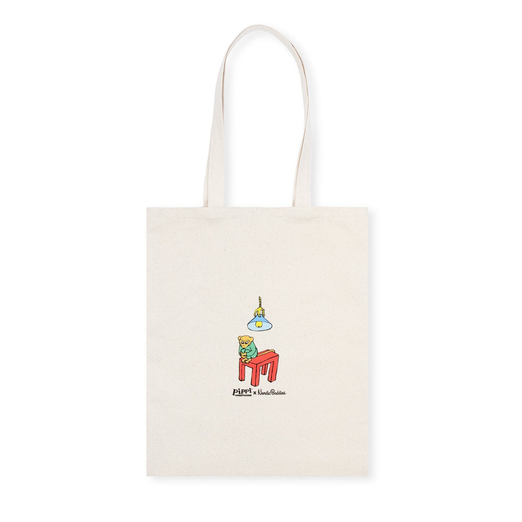 4. Studio image of Pippi Tote Bag - Cleaning Day by Moomin, natural white, reverse side with logo