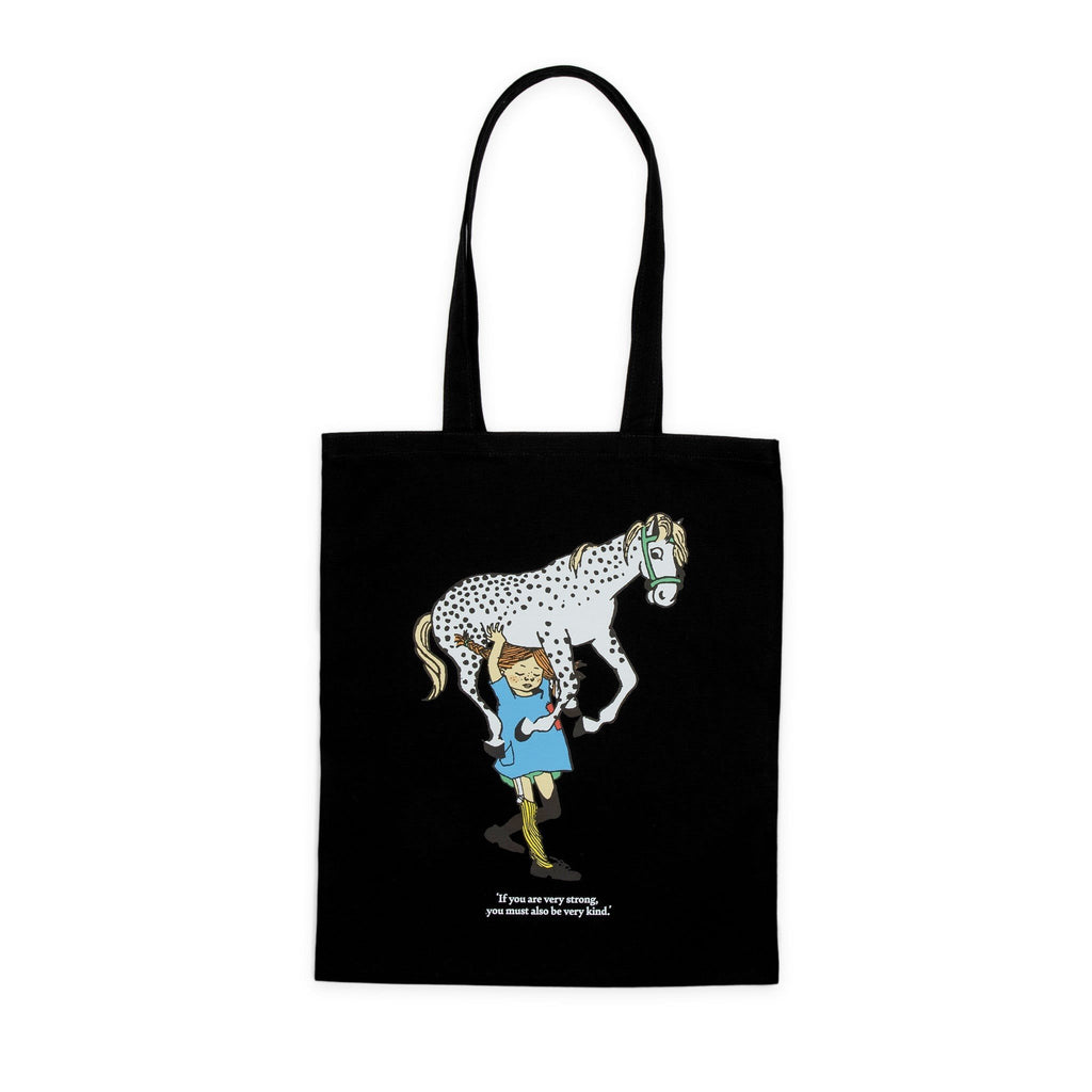 2. Black Pippi Longstocking tote bag featuring lifting the horse design, studio shot
