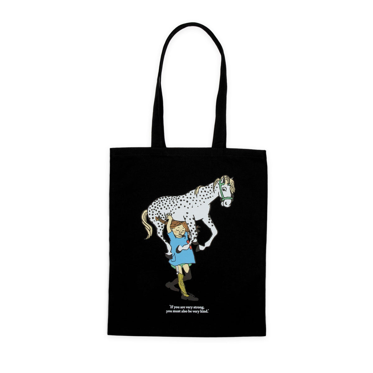 2. Black Pippi Longstocking tote bag featuring lifting the horse design, studio shot