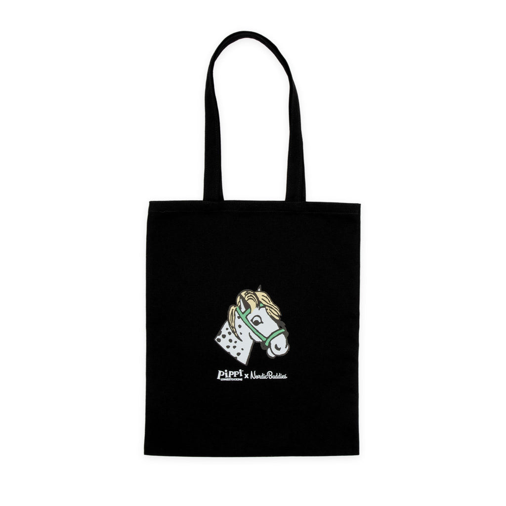 4. Black tote bag with Pippi x NordicBuddies horse head design, studio shot