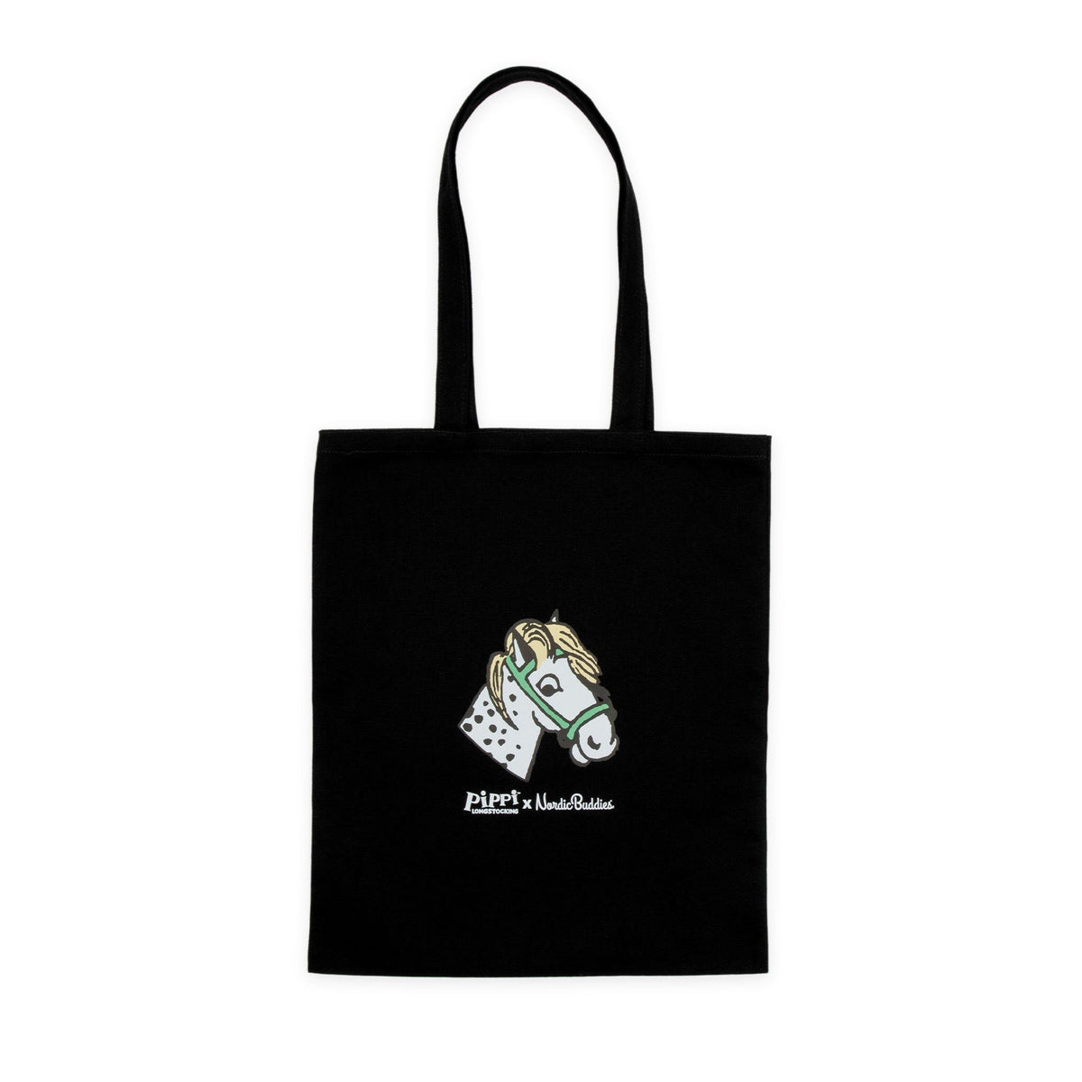 4. Black tote bag with Pippi x NordicBuddies horse head design, studio shot