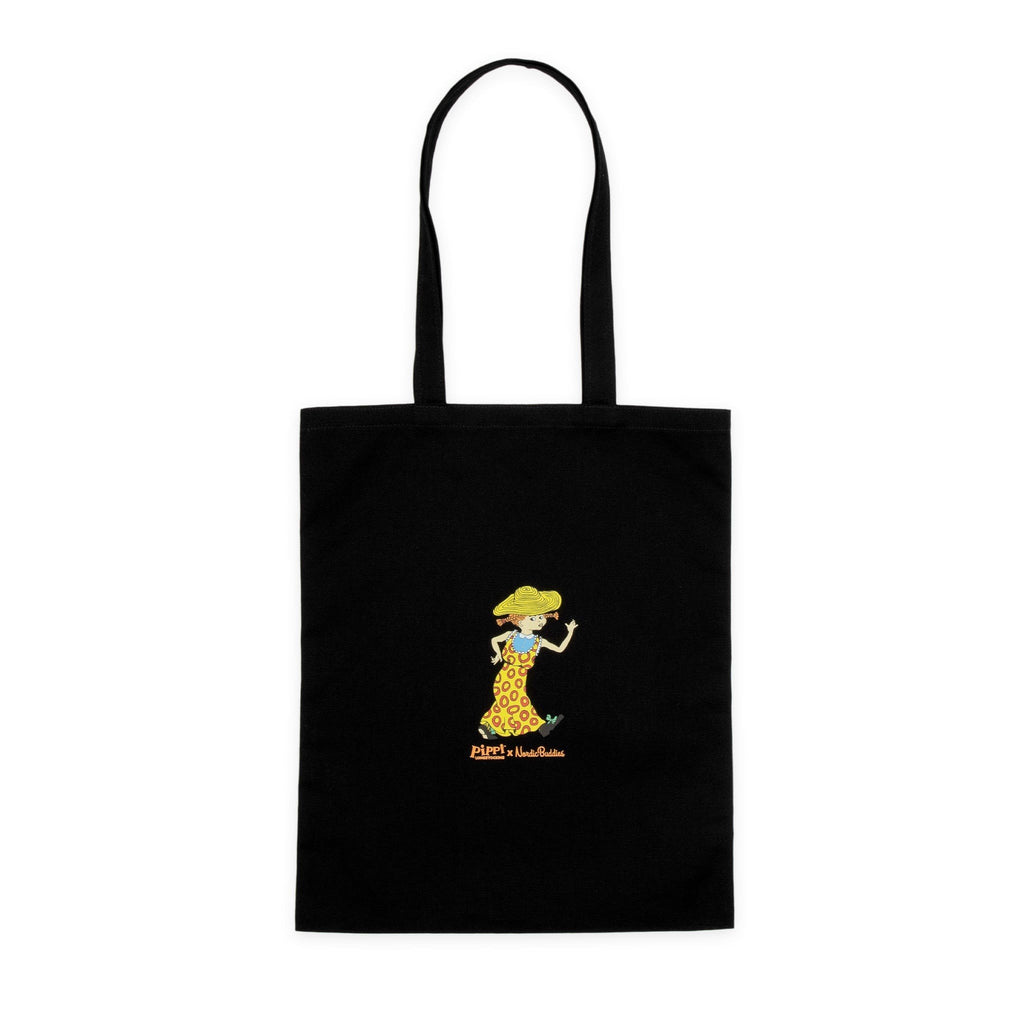 4. Black Pippi Tote Bag with Pippi Longstocking print, studio image showing detailed design