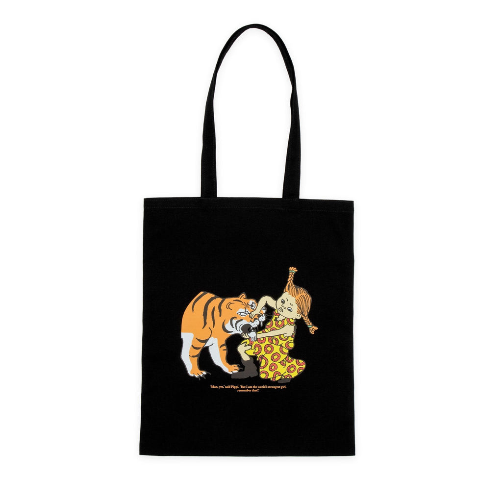 3. Black Pippi Tote Bag featuring Pippi Longstocking and tiger illustration, studio shot