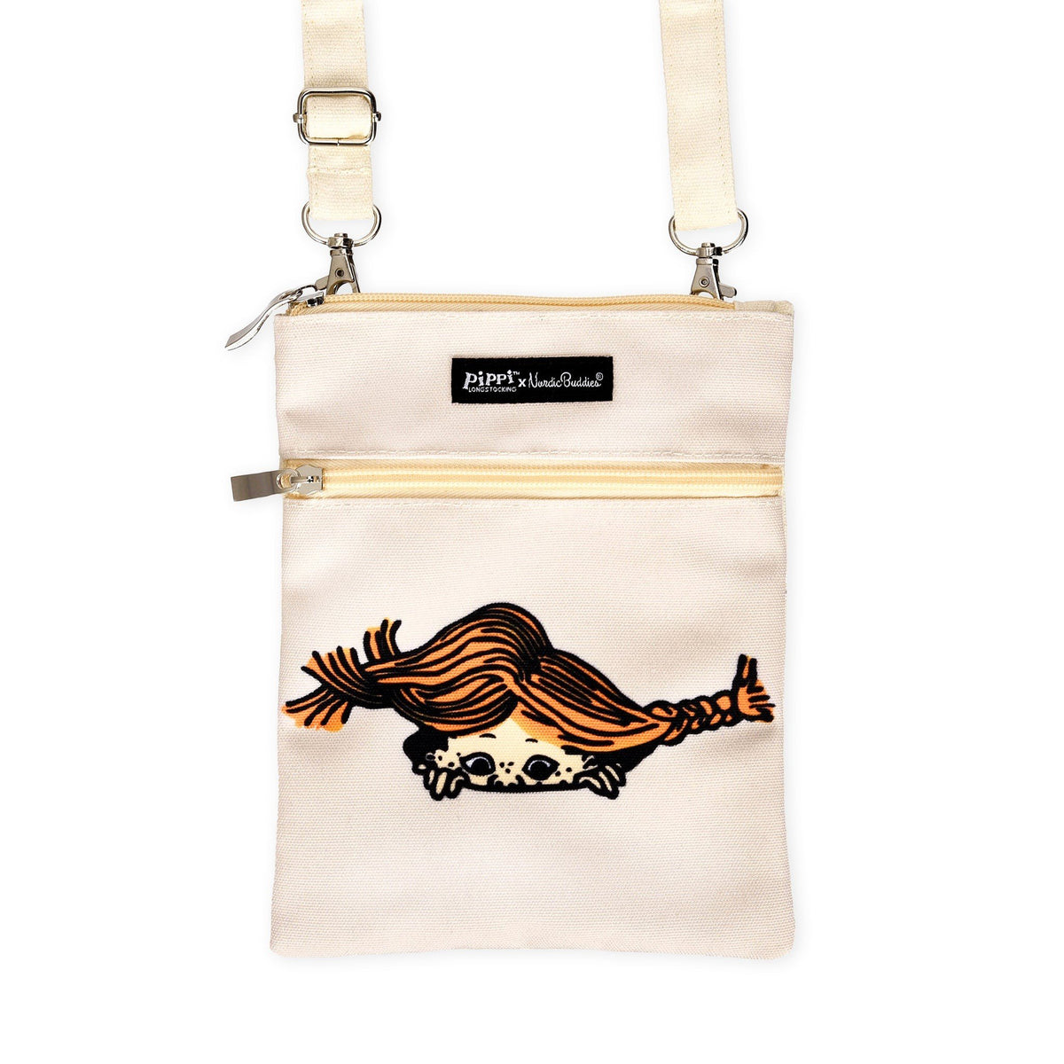 2. Studio shot of Pippi Passport Bag in beige featuring Pippi Longstocking design and NordicBuddies branding