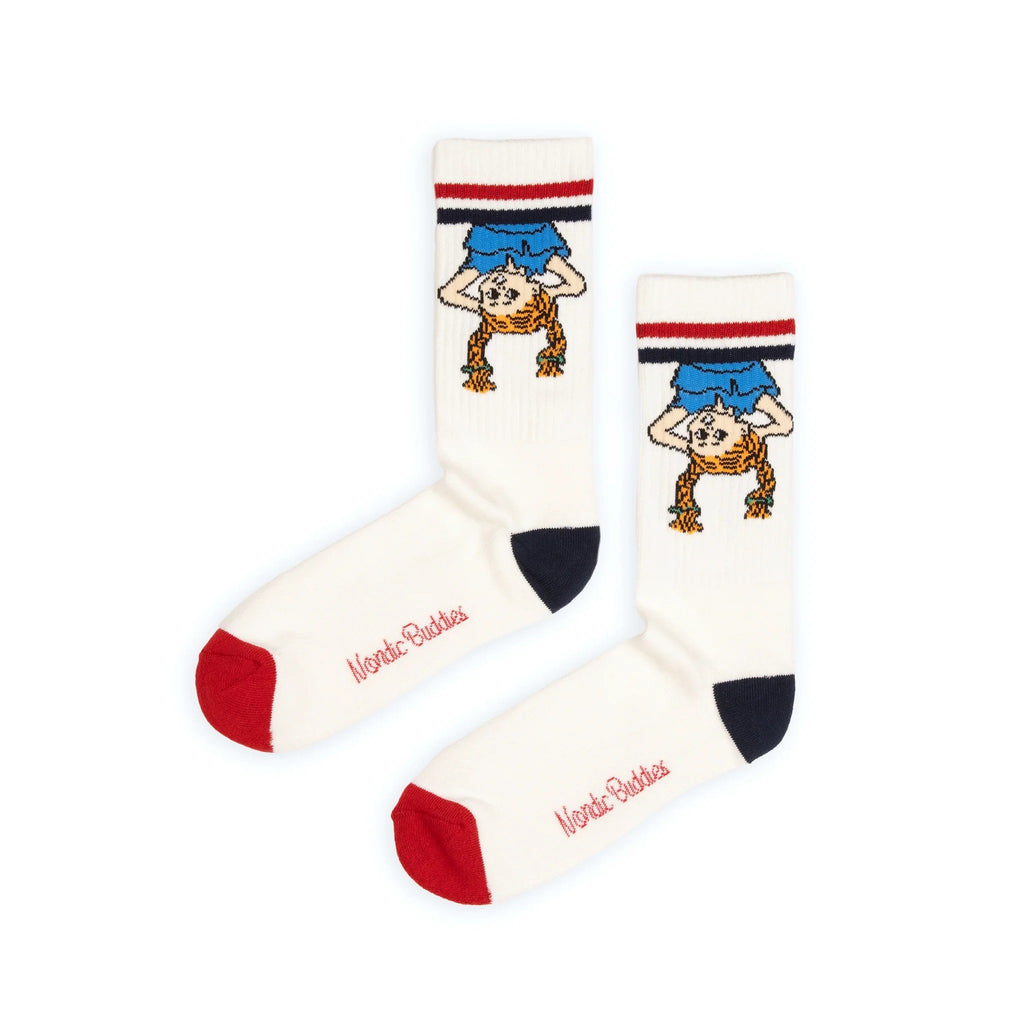 1. Men's Pippi Longstocking retro socks by NordicBuddies in white with red and navy accents, featuring upside-down Pippi design