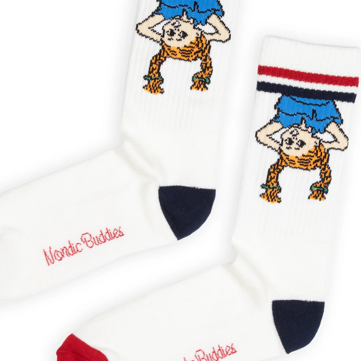 2. Close-up of men's Pippi Longstocking retro socks by NordicBuddies, highlighting Pippi design and NordicBuddies branding